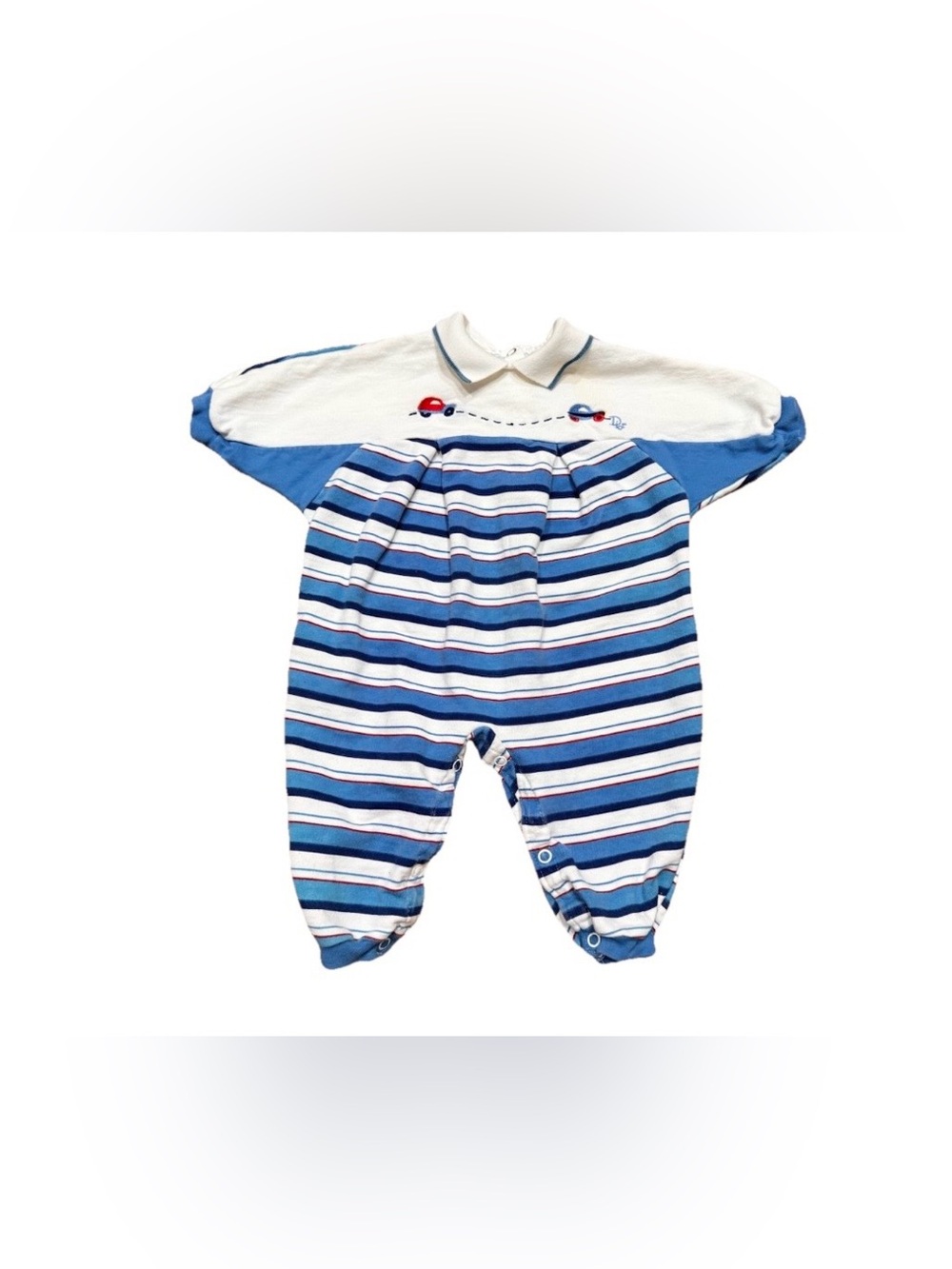 Vintage Baby Dior Boys Car Embroidered Striped Romper Size 6 months MADE IN USA